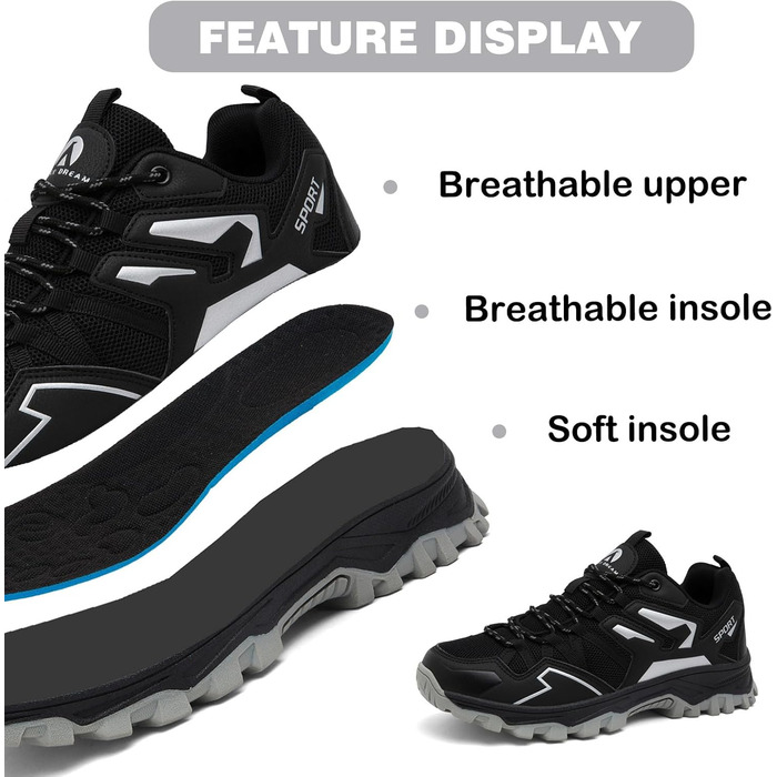 Чоловічі трекінгові черевики для хайкінгу та кемпінгу, легкі, чорно-срібні (39 EU)