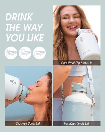 Coolflask пляшка для води 2 л з нержавіючої сталі з PU-чохлом, термос з металу із кришкою зі соломинкою, тримає холод 48 годин, гаряче 24 години, небесно-блакитна