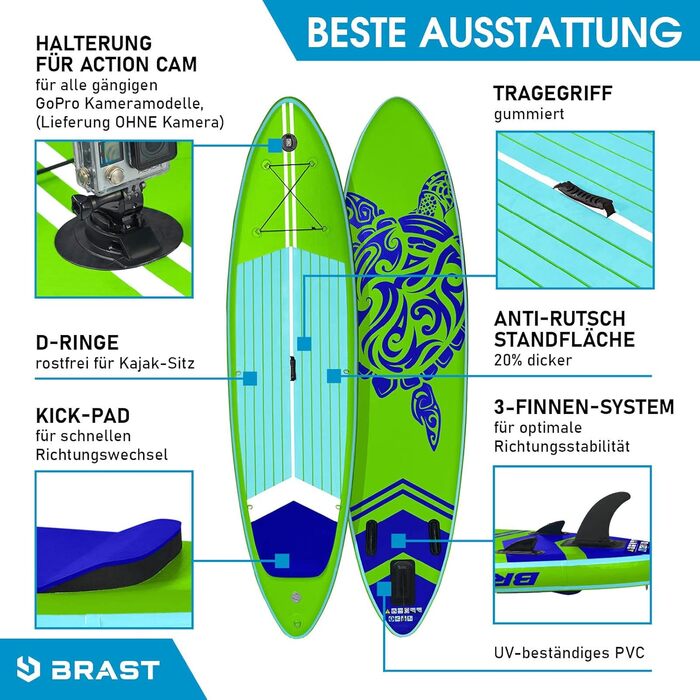Надувний SUP-борд BRST Turtle | Комплект для станд-ап паділбордингу | 320x81x15 см | 4 дизайни | 5 років гарантії | з аксесуарами | 2-в-1: SUP та каяк, кріплення для Action Cam, фіксатор для ніг, рюкзак | Зелений