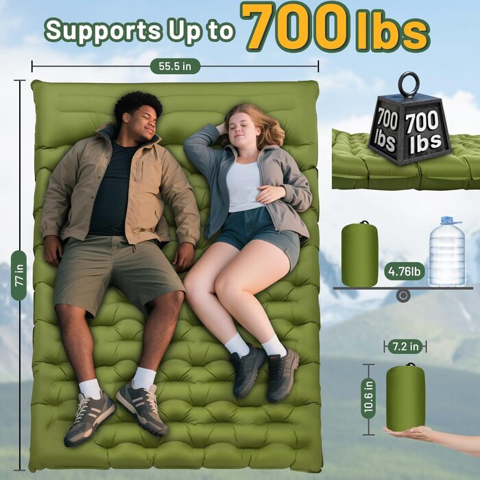 Каремат туристичний надувний Camping, 15.2 см, з вбудованим насосом, зелений подвійний