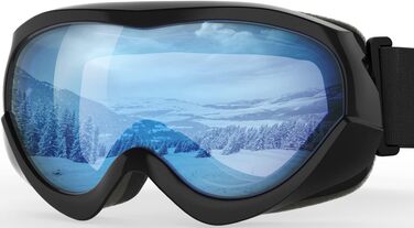 Дитяча лижна маска OutdoorMaster, сумісна з шоломом, 100% UV-захист, чорна оправа, VLT 60% світло-блакитна лінза, для хлопчиків і дівчаток