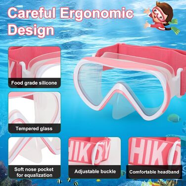 Дитячі маски для снорклінгу Kinder з трубкою, 180° панорама, проти запотівання, для дітей 4-16 років (рожевий)