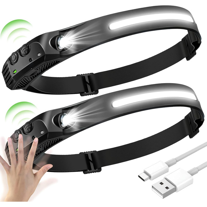 Налобний ліхтар LED перезаряджуваний USB, 350 люмен, 5 режимів, водонепроникний IPX4, для бігу, риболовлі, 2 шт.