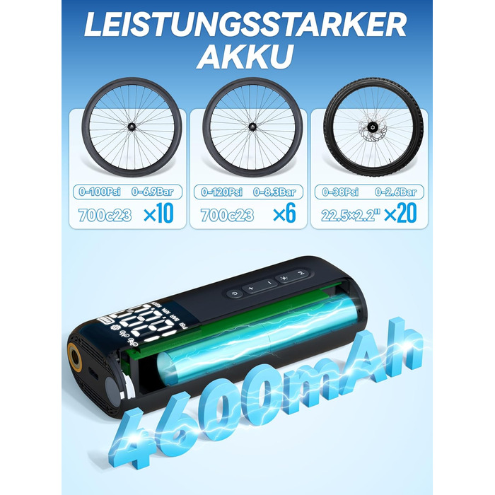 Електрична велосипедна помпа HT10, 150 PSI, акумуляторна, з цифровим манометром, Presta/Schrader, для шосе, MTB, E-bike, city bike