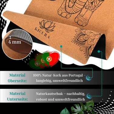 Кікура Йога-мат з корку та натурального каучуку з мотивом слона – Нековзна преміум-мат, 4 мм, з ремінком – Екологічна, 3 розміри (M, L, XL), XL - 200x68x0,4 см