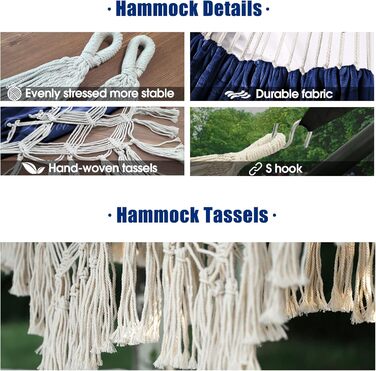 Гамак Anyoo Outdoor з бамбуковими кистями та ременями для дерева, вантажопідйомність 200 кг, зручний та дихаючий, з сумкою для перенесення, для тераси, балкону, саду (темно-синій)