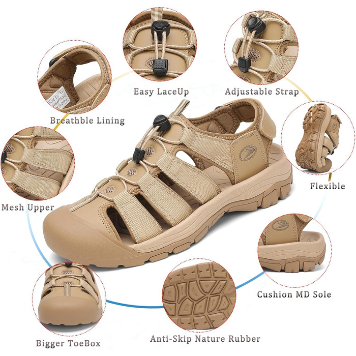 Чоловічі сандалі FLARUT для активного відпочинку та туризму, закритий носок, хакі, 46 EU