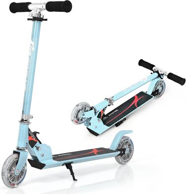 Дитячий ролер GOPLUS Roller Kinder 4, ролер для дітей 4 роки, з LED-підсвіткою, гальмом та підніжкою, регульована висота, алюмінієвий, складний, до 70 кг, блакитний