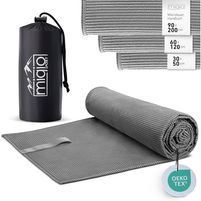 Рушник Miqio Sport з мікрофібри, структурований | Легкий та швидковисихаючий | Для подорожей, пляжу, душу, спорту та фітнесу | Темно-сірий, 90 x 200 см