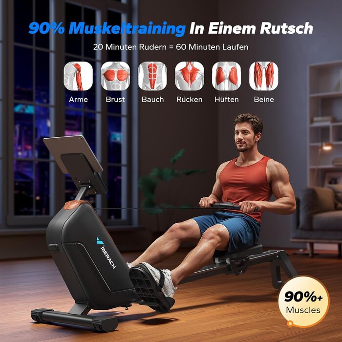 Гребний тренажер MERACH для дому, складаний, з магнітним приводом, тихий, з додатком, подовжені направляючі рейки, електричне регулювання (Plug-in)
