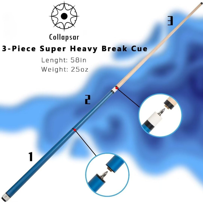 Білльярдний кий Collapsar Heavy Hitter Jump Break Queue, 750 г, 3-частини, 14 мм наконечник з фенолу, матовий синій