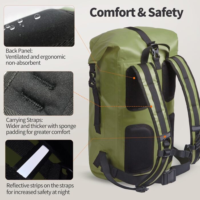 Водонепроникний рюкзак Origem 35/85L Rolltop, 55L, Dry Bag з відділенням для ноутбука, для каякінгу, риболовлі, рафтингу, дайвінгу та повсякденного використання (армійний зелений)