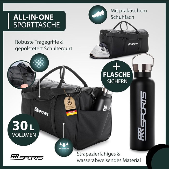 Спортивна сумка RR Sports 30 л з відділенням для взуття та пляшкою 600 мл із нержавіючої сталі для жінок і чоловіків, для тренувань, фітнесу, залу, футболу (50x25x28 см, мала)
