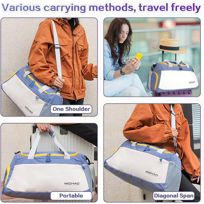 Спортивна сумка-рюкзак для подорожей та спорту, 48x23x27 см, з відділенням для взуття та мокрих речей, водонепроникна, для жінок та чоловіків (білий+синій)