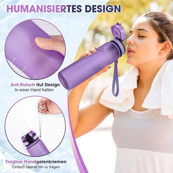 Спортивна пляшка для води 1л, витокостійка, без BPA, з мірною шкалою, смарагдово-зелена (лавандова)