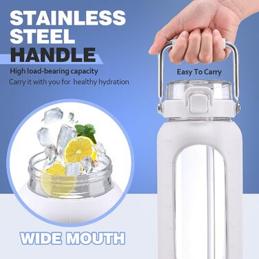 Гідрофляга HYDRAGLAZIC 1900 мл з трубочкою і сталевою ручкою, мотиваційна пляшка для води з силіконовим чохлом і часовими мітками, для контролю щоденного споживання води, біла