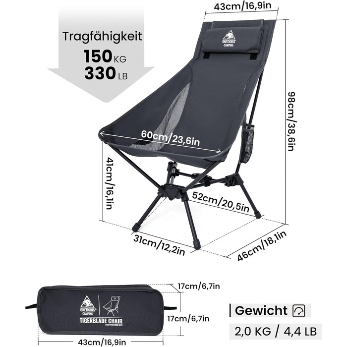 Стілець для кемпінгу OneTigris TIGERBLADE з високою спинкою, 170 кг, складаний, легкий, з трикутним каркасом, для риболовлі з 2 кишенями, для відпочинку на природі, піших прогулянок (сірий)