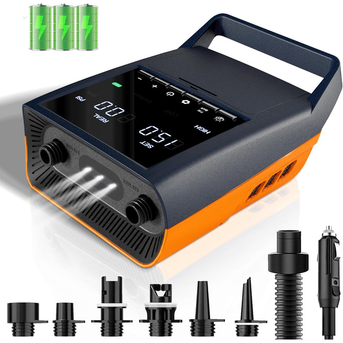 Електричний насос для SUP Mojimdo 20PSI з акумулятором, світлом та автовимкненням, 12V DC та USB-C, 6 насадок для SUP, каяків, наметів, матраців