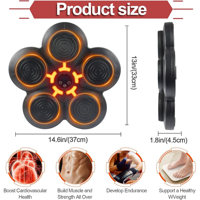 Музична боксерська машина Forhome з LED-підсвіткою та рукавичками, 9 режимів швидкості, Bluetooth, великий розмір, для дому та спортзалу (чорний)