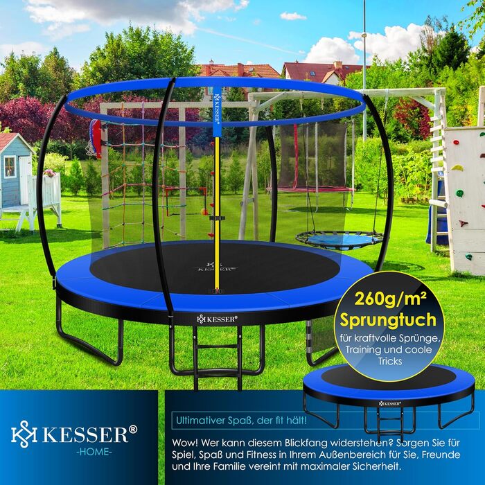 Трамплін KESSER® Ø 244/305/366/427 см з сіткою | Сертифікат TÜV Rheinland GS | Для дітей до 150 кг | Садовий, дитячий | Комплект