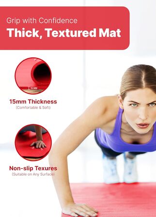 ROMIX Килимок для йоги, 15 мм, з антиковзаючою поверхнею, з сумкою та ременем, для фітнесу, пілатесу, медитації, червоний