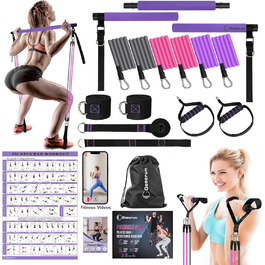 Портативна фітнес-палка Pilates з еспандерами, ручками, дверним якорем, ременями для щиколоток і подовжувальними стрічками, з фітнес-постерами та відео, фіолетова, універсальна