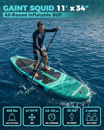 Надувне SUP дошка Skatinger 335 x 86,4 см, 190 кг, для 2 осіб, з веслом та ременем, зелена