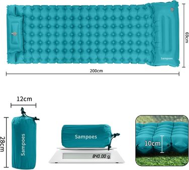Надувний килимок для кемпінгу Isomatte 10 см, самонадувний, з насосом, для туризму та відпочинку на природі, односпальний, блакитний