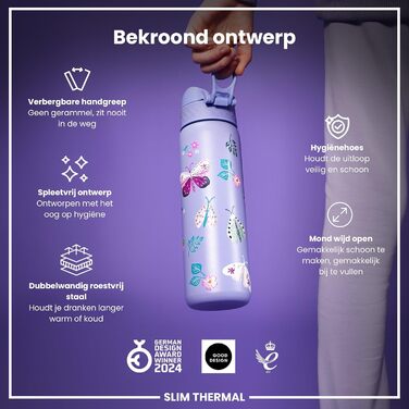 Пляшка для води ion8 500 мл, герметична, зручна кришка, без BPA, з ручкою, легка у догляді, метелик