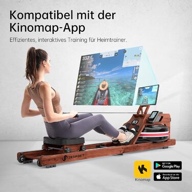Гребний тренажер JASPORT R3 з дуба, складаний, Bluetooth LCD, сумісний з Kinomap, бак 28 л, до 150 кг, ергономічне сидіння, тримач для планшета
