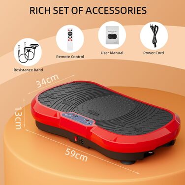 Вібраційна платформа TLGREEN з тихим мотором, 120 рівнів + 10 програм, з пультом, еластичні стрічки, для тренувань всього тіла, спалювання жиру (L-59x34x13cm, Червона)