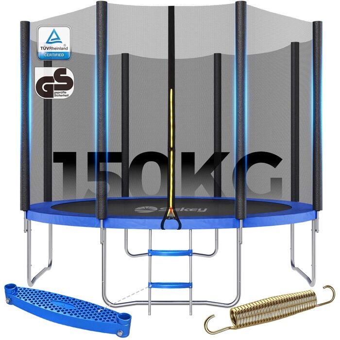 Трамплін Sekey Outdoor 244/305/366 см - сертифікований TÜV Rheinland GS, дитячий, для саду з безпечною драбиною, посиленим захисним сіткою та захисним бордюром (Блакитний, 366 см/12 футів)