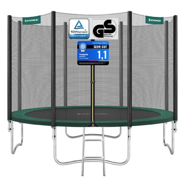 Трамплін SONGMICS Outdoor Ø 183/244/305/366/427 см, круглий, для саду, з захисним покриттям, сіткою, сходами та м'якими стійками (366 см, Зелений)