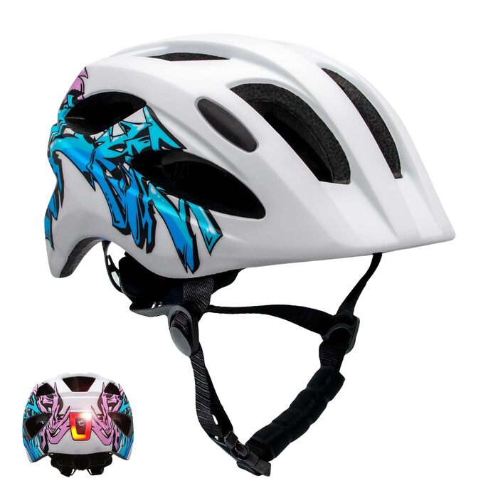 Шолом велосипедний дитячий Crazy Safety COOL S.W.A.T. 6-12 років, з USB ліхтарем, розмір M (54-58 см), біло-блакитний графіті