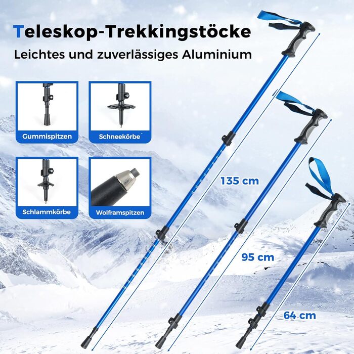 Шнеки туристичні COSTWAY з підйомником, 35-45 EUR, до 68/90 кг, комплект з трекінгових палиць та сумки, для чоловіків, жінок та підлітків, блакитні