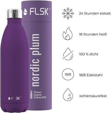 Пляшка для води FLSK з нержавіючої сталі, преміум, термос, 750 мл, герметична, для газованих напоїв, зберігає холод до 24 годин і тепло до 18 годин, колір nordic plum