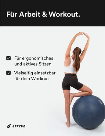 STRYVE Фітбол для офісу 65-70 см - ергономічний фітнес-м'яч знімний чохол, захист від скочування, повітряний насос, до 150 кг, синій штучна шкіра