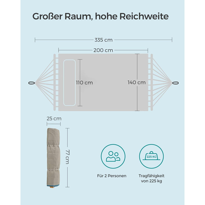 Гамак SONGMICS для 2 осіб з подушкою, сірий-бежевий, 200 x 140 см, до 225 кг, з роздільними бамбуковими стійками