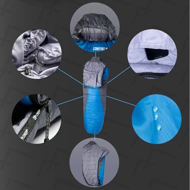 Сплячий мішок EXPLORER® Comfort XL -23°C -5°C для дорослих, 3-4 сезони, зимовий, 230x85x70cm, 1900g, комбінується, для кемпінгу, трекінгу та подорожей (Синій/Сірий)