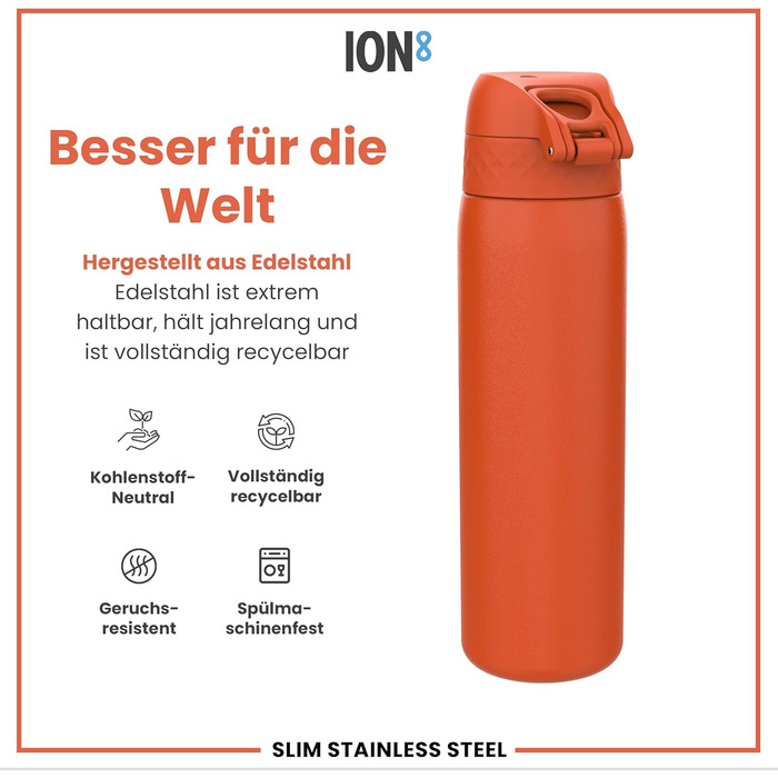Фляга для води ION8 Leicht, 600 мл, сталь, оранжева - неізольована, з клапаном, зручна для миття