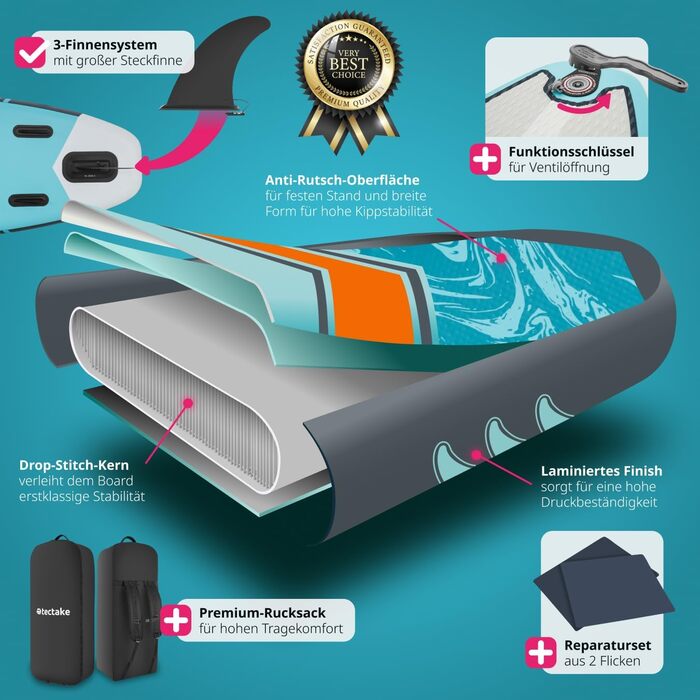 Надувна SUP-дошка tectake® з насосом, сидінням, веслом, фіннами, рюкзаком, до 200 кг, для водного спорту та падлінгу