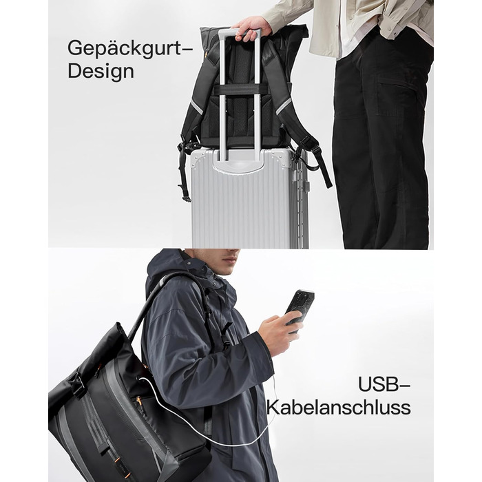 Рюкзак Inateck RollTop для ноутбука 22–26,8 л з водонепроникною блискавкою та відкриттям на 180°, для роботи, подорожей, навчання