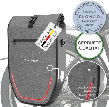 Велосипедна сумка ELONEO для багажника з LED-підсвіткою, 28 л, водонепроникна, з ручкою та плечовим ременем, сіра