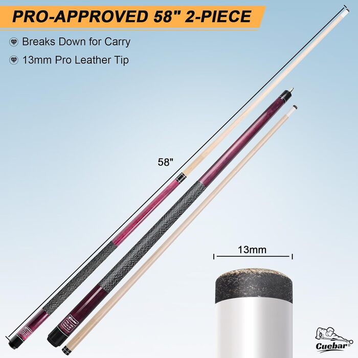 CUEBAR Більярдний кий CUEBAR, 147,3 см, 2-секційний з горіха, з наконечником 13 мм та льоновим грифом, для домашньої більярдної, для дорослих, 8 кольорів, 4 варіанти ваги (510 г, 538 г, 567 г, 595 г), колір: зелений (фіолетовий)