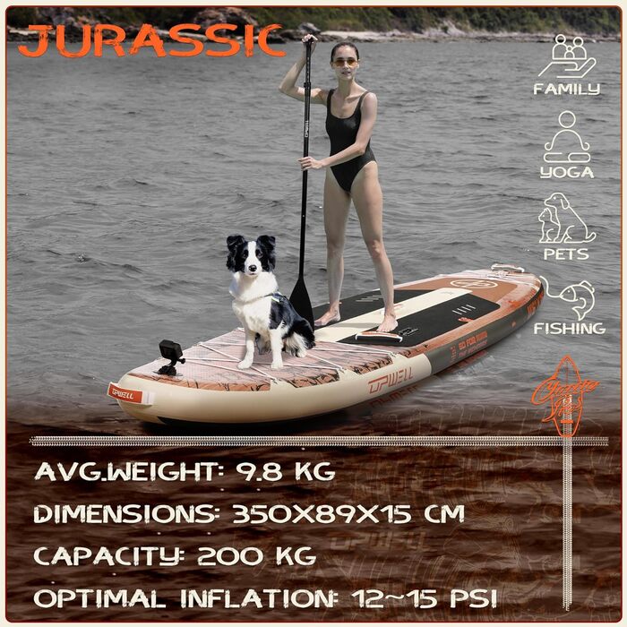 Надувний SUP Борд UPWELL Premium Stand Up Paddling Board з комплектом: сидіння, кріплення для камери, весло та аксесуари. Макс. вага 204 кг (2 особи), розмір 350x89x15 см, Jurassic