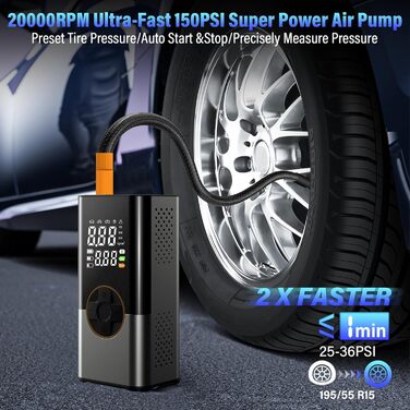 Електричний повітряний насос-акумулятор BOOTEEK 12В 6000mAh, портативний компресор 150 PSI з манометром та LED-ліхтарем для авто, мотоцикла, велосипеда, м'ячів, з функцією Powerbank USB