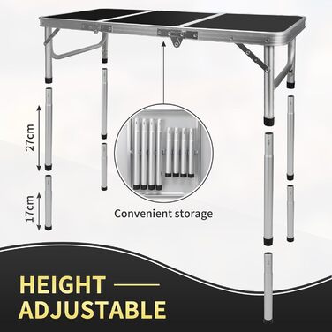 Стіл для кемпінгу CPROSP, розкладний, 90x40 см, чорний, регульована висота 26-70 см