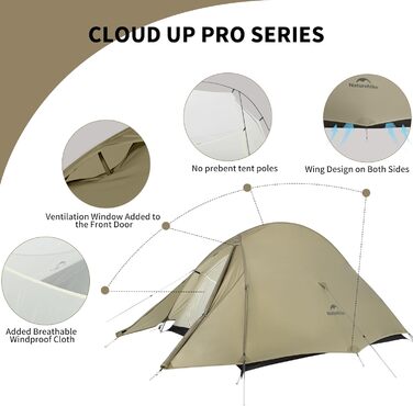Намет Naturehike Cloud Up Pro для кемпінгу, 1 особа, легкий, водонепроникний, для трекінгу та подорожей (Хакі, 20D)
