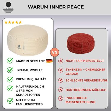 Йога подушка Inner Peace Кругла з шнуром 33 x 16 см XL | Подушка для медитації | З органічної бавовни та дінкової вати | Йога подушка для сидіння | Виготовлено в Німеччині (пісок)