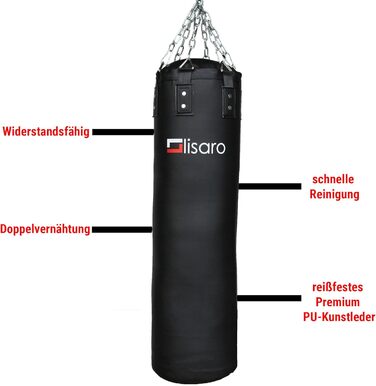 Боксерський мішок Lisaro Premium 120x35 см, 30 кг, наповнений/порожній, для боксу, MMA та єдиноборств, з 6-точковим сталевим ланцюгом, чорний/білий